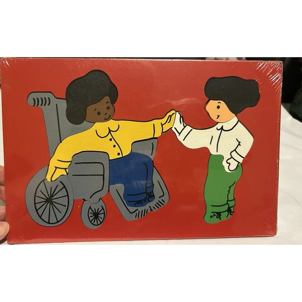 Wooden Inlay Tray Preschool Puzzle People Holding Hands Wheelchair Red